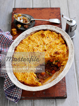 Beef pie with carrots and a mashed potato topping