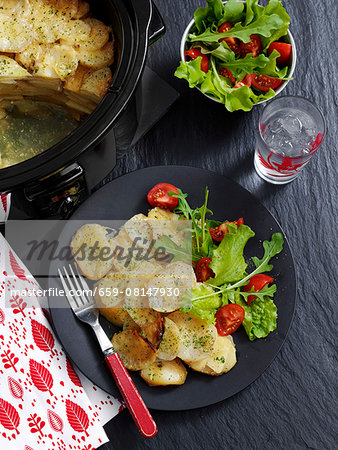 Potato and shallot bake with salad Potato and shallot bake with salad