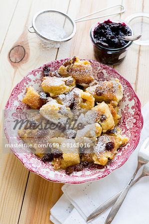Kaiserschmarrn (shredded sugared pancake from Austria) with stewed damsons