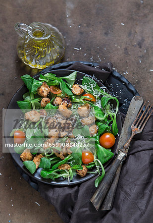 Lamb's leaf lettuce with chicken, cherry tomatoes and Parmesan cheese