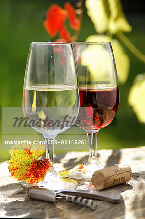 A glass of red wine and a glass of white wine A glass of red wine and a glass of white wine
