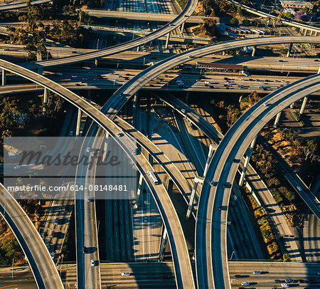 Aerial view of flyovers and multi lane highways, Los Angeles, California, USA