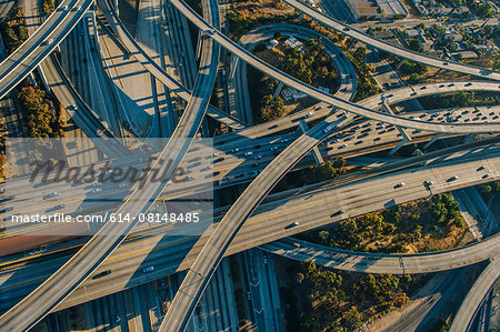 Aerial view of multi lane highways and flyovers, Los Angeles, California, USA