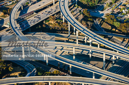 Aerial view of traffic on multi lane highways and flyovers, Los Angeles, California, USA