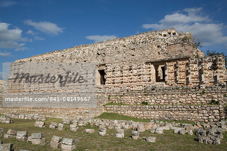 Stone Glyphs in front of the Palace of Masks, Kabah Archaeological Site, Yucatan, Mexico, North America