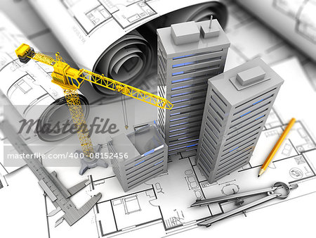 3d illustration of crane, blueprints and drawing tools, city construction concept