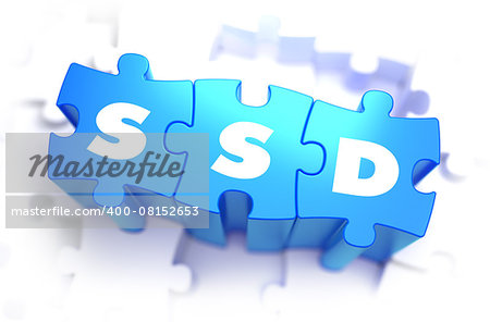 SSD - White Word on Blue Puzzles on White Background. 3D Render.