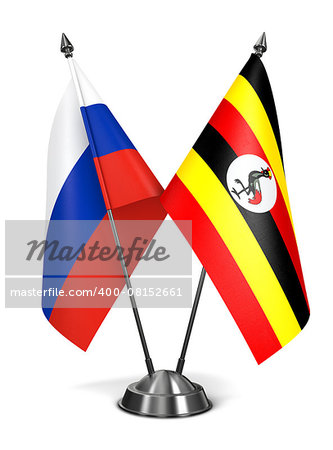 Russia and Uganda - Miniature Flags Isolated on White Background.