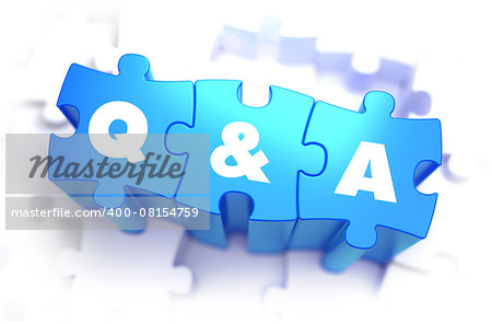 Question and Answer - White Text on Blue Puzzles on White Background and Selective Focus. 3D Render.