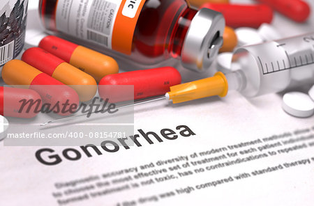 Gonorrhea - Printed Diagnosis with Blurred Text. On Background of Medicaments Composition - Red Pills, Injections and Syringe.