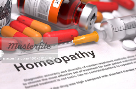 Homeopathy - Medical Concept with Composition of Medicaments - Red Pills, Injections and Syringe. Selective Focus.