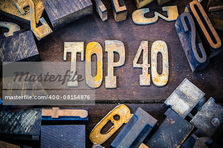 The words TOP 40 written in rusted metal letters surrounded by vintage wooden and metal letterpress type.
