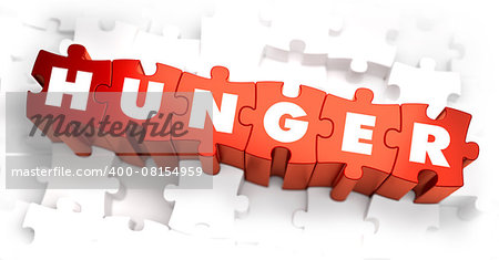 Hunger - Text on Red Puzzles with White Background. 3D Render.