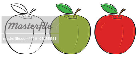 Green, red and outlined apple set. Healthy food concept. Vector illustration.