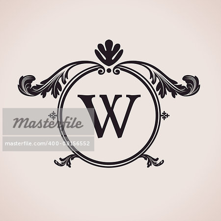 Luxury logo letter clock. Calligraphic pattern elegant decor elements. Vintage vector ornament W