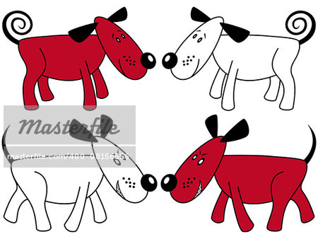 Four funny dogs, Red and White symmetrically standing, hand drawing vector artwork