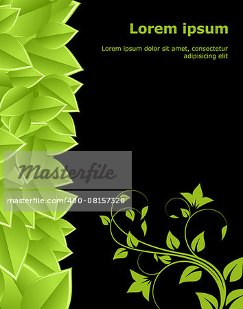 Green frame of leaves isolated on black. Vector illustration.