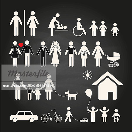 Set of family icons on a chalkboard background. Set of family icons and signs for public places on a chalkboard background. Vector illustration.