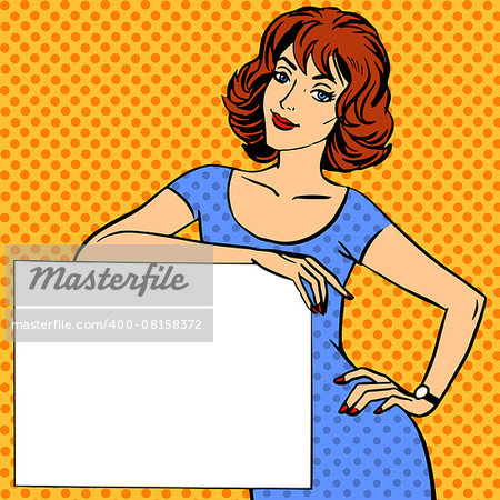 Pop art vintage comic. A woman with a poster and place for text. Girl in retro style. Advertising