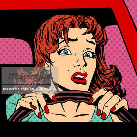 Inexperienced woman driver of the car accident pop art comics retro style Halftone. Imitation of old illustrations
