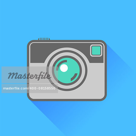 Camera Icon Isolated on Blue Background. Long Shadow.
