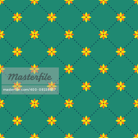 Abstract seamless pattern with floral elements. Small flowers and dots on a green background.