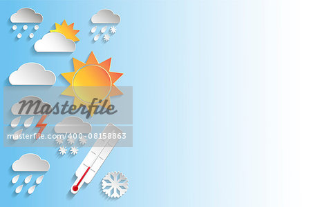 Weather signs in paper style on blue gradient background. Vector background or separate elements