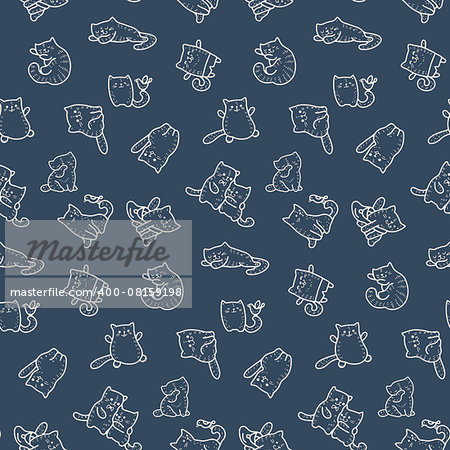 Seamless pattern - funny cartoon kittens. Black and white drawing.  Vector illustration.