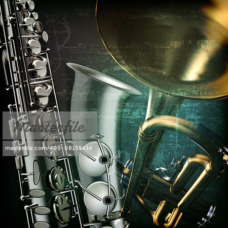 abstract green grunge vintage music background with trumpet and saxophone