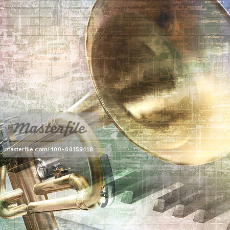 abstract grunge vintage music background with trumpet and piano keys