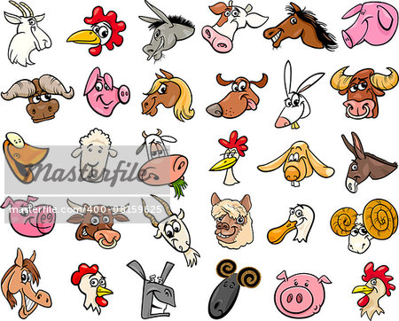 Cartoon Illustration of Funny Farm Animals Heads Big Set