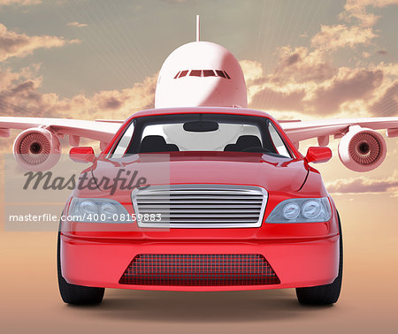 Image of red car with jet behind on red sky background