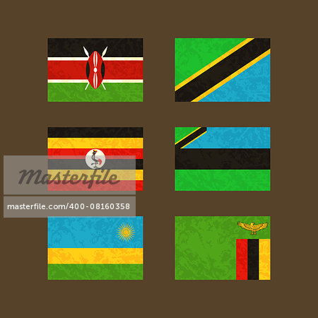Flags of Kenya, Tanzania, Uganda, Zanzibar , Rwanda and Zambia. Flags with light grunge dirty effect.