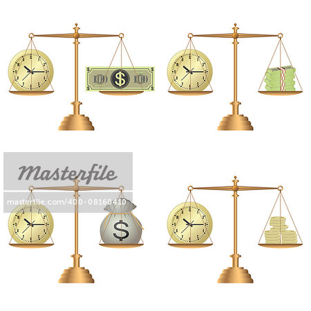 Scales with clock and money on the white background. Also available as a Vector in Adobe illustrator EPS 8 format, compressed in a zip file.
