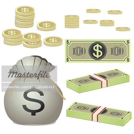 Coins and banknotes and bag with coins on the white background. Also available as a Vector in Adobe illustrator EPS 8 format, compressed in a zip file.