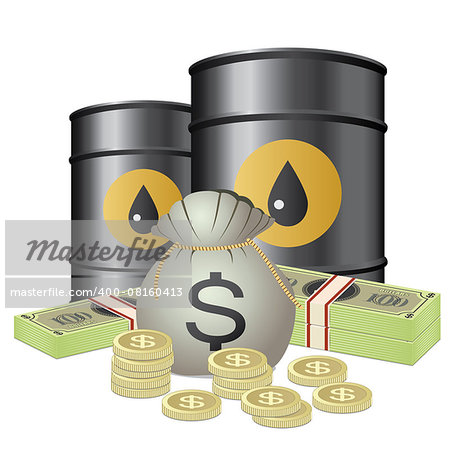 Oil barrels and money on the white background. Also available as a Vector in Adobe illustrator EPS 8 format, compressed in a zip file.