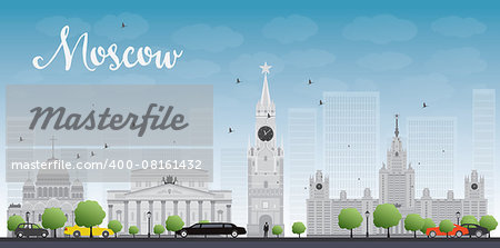 Moscow City Skyscrapers and famous buildings in grey color Vector illustration