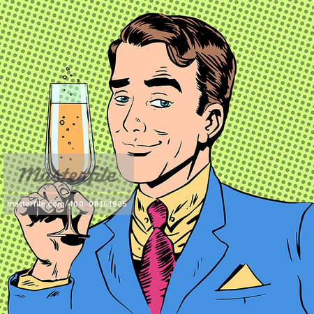 A man with a glass of champagne rendezvous toast the occasion. The elegant gentleman with wine