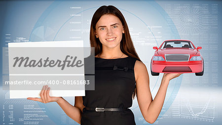 Businesswoman holding red car and blank sheet of paper, looking at camera on abstract blue background