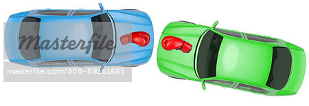 Colorful cars with boxing gloves on isolated white background, top view