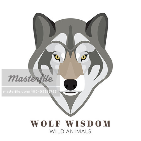 Graphic design of cute grey wolf head. Text outlined