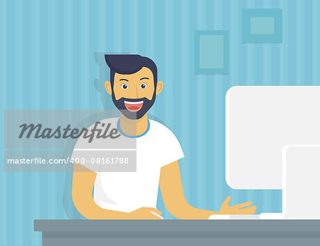 Happy guy working with computer at home