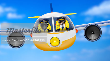 pilot and copilot dogs in cockpit cabin flying , landing or departing  for a summer vacation holiday  with funny airplane