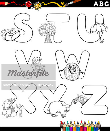 Black and White Cartoon Illustration of Capital Letters Alphabet with Objects for Children Education from S to Z for Coloring Book