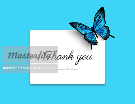 Thank you blank card with beautiful blue butterfly. Text outlined