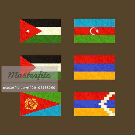 Flags of Jordan, Azerbaijan, Palestine, Armenia, Eritrea and Nagorno-Karabakh. Flags with light grunge dirty effect.