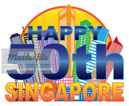 Singapore 2015 Happy 50th National Day City Skyline Silhouette Outline in Circle Color Isolated on White Background Illustration