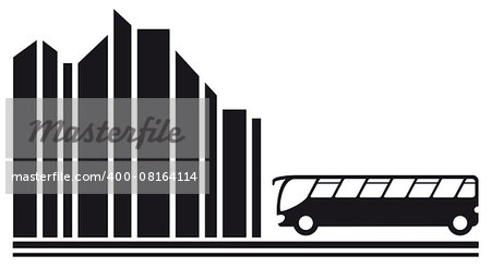travel symbol with moving bus in city black silhouette