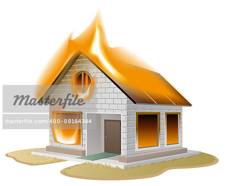 White brick house on fire. Country cottage in danger. Isolated illustration in vector format