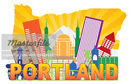 Portland Oregon City Skyline with Mount Hood Hawthorne Bridge in Map Outline Color Illustration